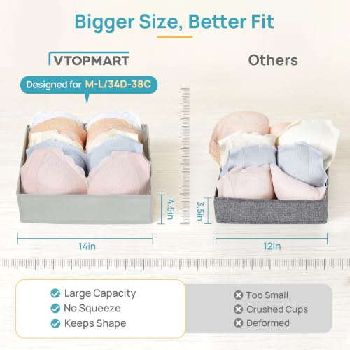 Vtopmart 4 Pack Large Bra Drawer Organizer, 14 Inch Foldable Fabric Underwear Storage Tray for Dresser Drawers, Keeps Shape for M-L/34D-38C Bras, Closet Organizer