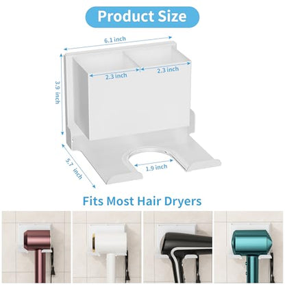 Hair Dryer Holder, White Blow Dryer Holder, 2 Installation Options | Hair Dryer Wall Mount for Bathroom, Space Saving Hair Dryer Storage with Hook, Adhesive and Screw Mounting