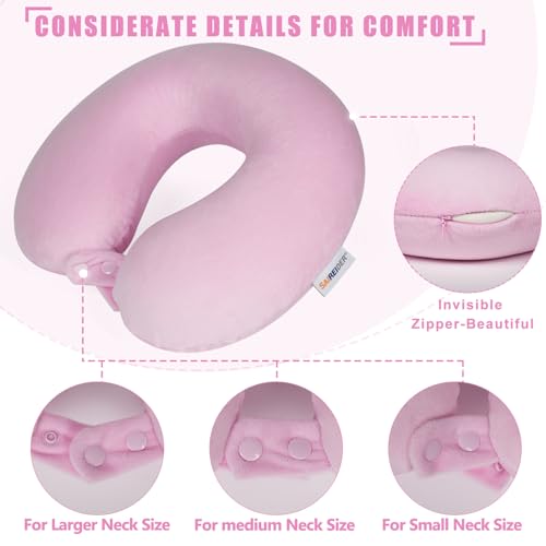 SAIREIDER Travel Neck Pillow 100% Memory Foam, Airplane Rest Prevents Head from Falling Forward, Plane Accessories with Storage Bag, Sleep Mask and Earplugs (Pink)