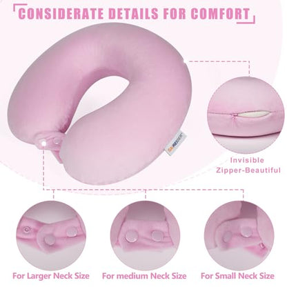 SAIREIDER Travel Neck Pillow 100% Memory Foam, Airplane Rest Prevents Head from Falling Forward, Plane Accessories with Storage Bag, Sleep Mask and Earplugs (Pink)