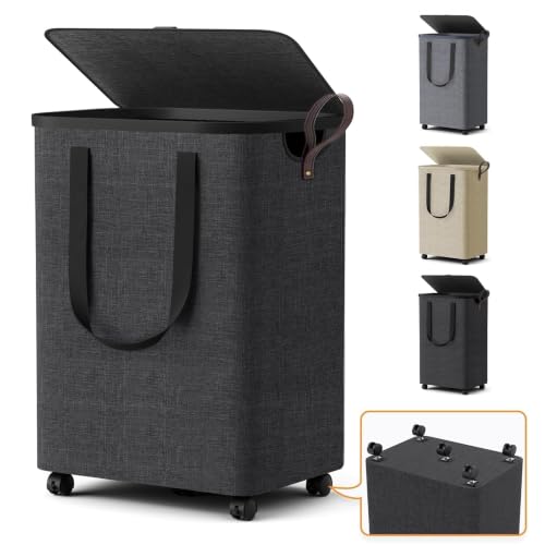 Laundry Basket with 5 Wheels, Rolling Laundry Hamp... (Deep Gray | Polyester Blend)