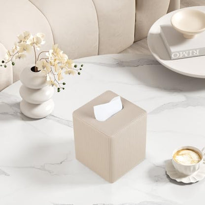 PU Leather Square Tissue Box Cover Tissue Box Holder Cube (Beige) | Magnetic Bottom, Soft Velvet Lining, Decorative Modern Design, Aesthetic Stripes, For Bathroom