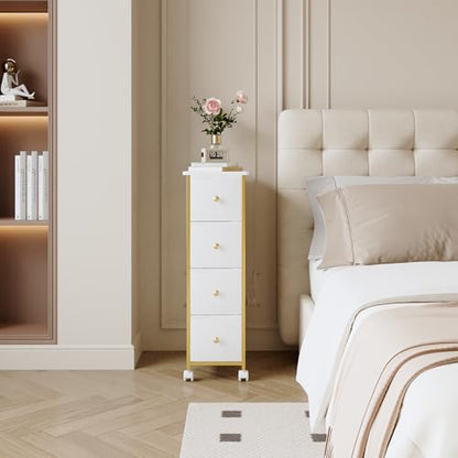 Narrow Storage Cabinet, Narrow Nightstand Dresser with 4 Drawers, Slim Fabric Dresser Storage Tower for Small Spaces, Gold Dresser for Bedroom, Bathroom, Laundry, Closet