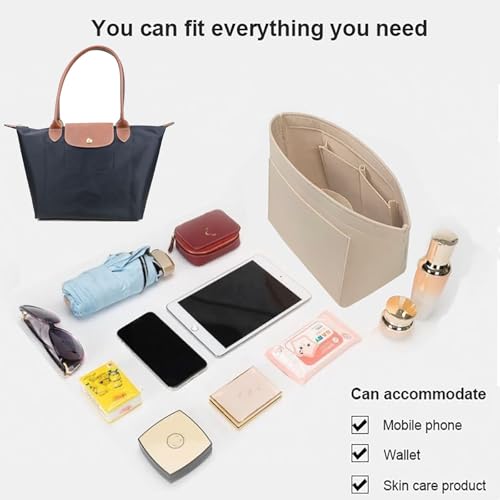 Purse Organizer Insert for Longchamp, Premium Felt Long Champ Le Pliage Handbag Organizer Large beige