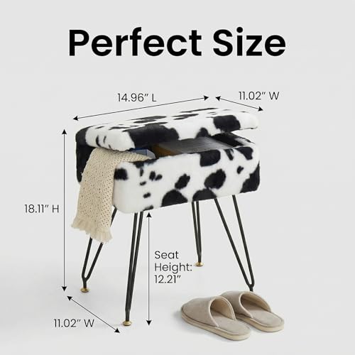 Teddy Storage Ottoman, Flip Top Vanity Stool, Cow | Soft teddy fabric, hidden storage, padded seat, sturdy metal legs, adjustable feet for vanity, bedroom, or dressing area.