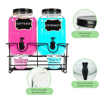 2 Sets 1 Gallon Laundry Detergent Dispenser with Stand, Measuring Cup, Glass Laundry Detergent Containr for Laundry Room Organization