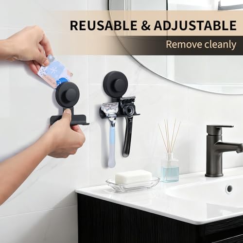 Suction Cup Razor and Shaver Holder for Shower Wall, Stainless Steel Reusable Suction Hook for Towel and Loofah, Damage-Free Installation (2, Matte Black)