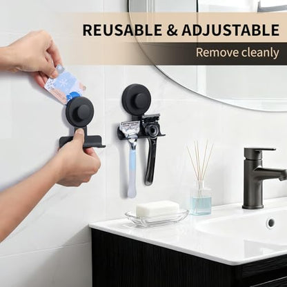 Suction Cup Razor and Shaver Holder for Shower Wall, Stainless Steel Reusable Suction Hook for Towel and Loofah, Damage-Free Installation (2, Matte Black)