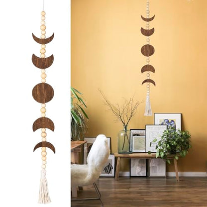 Moon Phase Wall Hanging Wood Beaded with Tassel,Phases of The Moon,Boho Home Decor for Living Room Bedroom Office(Brown)