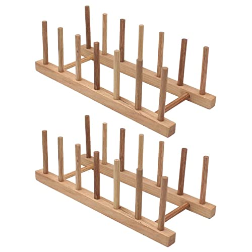Set of 2 Bamboo Wooden Dish Racks Pot Lid Holder Cabinet Organizer | Kitchen Plate Rack Stand