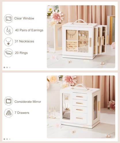 Homde Rotating Jewelry Box for Women: 7-Drawer Organizer with Clear Window | 4-Side Access Sorts Daily Jewelry - Jewelry Lovers Find Favorites Fast on Vanities - Display for Earring Ring Necklace