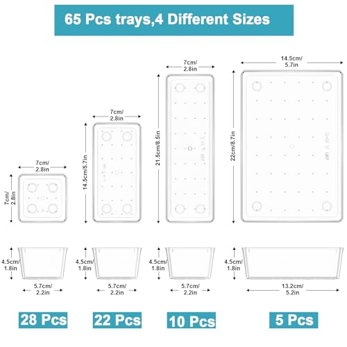 Manalete Drawer Organizers Set of 65, 4 Sizes Clear Plastic Drawer Organizers and Storage Bins for Kitchen, Bathroom, Office, Dresser Desk Drawer Organizer Tray for Jewelry, Makeup, Junk, Gadgets