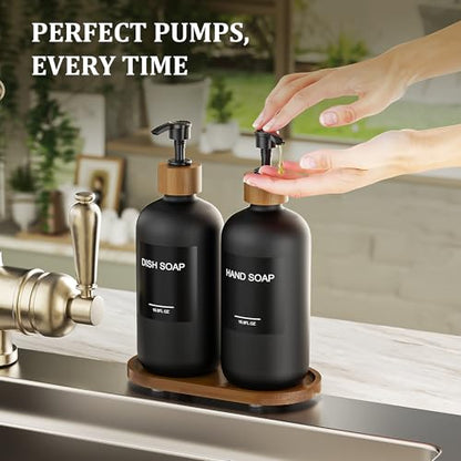 MASADI Black Soap Dispenser Set with Tray, Dish and Hand soap Lotion Dispenser Set with Wooden Pump for Kitchen and Bathroom Decor for Counter, Modern Vintage Liquid Soap Dispensers