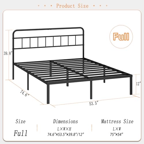 Kujielan 12 inches Full Size Bed Frame with Minimalist headboard,Metal Platform Base with Strong Metal Slats,Mattress Foundation for Under Bed Storage,Easy Assembly,Black