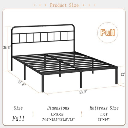 Kujielan 12 inches Full Size Bed Frame with Minimalist headboard,Metal Platform Base with Strong Metal Slats,Mattress Foundation for Under Bed Storage,Easy Assembly,Black