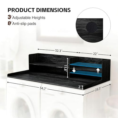 Wooden Washer Dryer Countertop Shelf, Laundry Countertop,54.7"X 28.3"Black | Washer And Dryer Countertop Adjustable Shelf,Washing Machine Topper 3-In-1 Folding Sorting & Ironing,Space Saving Laundry
