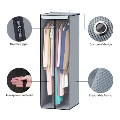 Univivi Garment Bags for Hanging Clothes, Cloth Bag 54 In, 2 PCS, Grey | Large Capacity, Easy Assembly, Clear Window, Dustproof, Durable Zipper, Hanging Garment Storage Bag for Suit, Coat, Dress