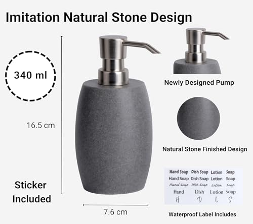 Clasin Home Sandstone Textured Resin Soap Dispenser with Metallic Pump and Waterproof Bottle Labels for Bathroom Kitchen Dish Hand Wash Shower Lotion Shampoo, 12 Oz, 2 Sets Gray