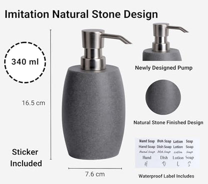 Clasin Home Sandstone Textured Resin Soap Dispenser with Metallic Pump and Waterproof Bottle Labels for Bathroom Kitchen Dish Hand Wash Shower Lotion Shampoo, 12 Oz, 2 Sets Gray