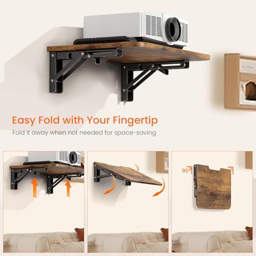 Projector Shelf for Wall, Foldable Floating TV Shelf, Wall Mount DVD Shelf with Heavy-Duty Brackets Under TV for Cable Box, Games Console, 16.5 x 11 Inches, Rustic Brown