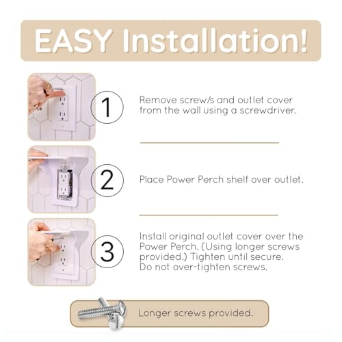 Power Perch Double Outlet Shelf Organizer - Echo Dot Holder, Phone Charging Station - Wall Outlet Holder with Cord Storage Strap - Socket Shelf Bathroom Kitchen Counter - White 1 Pack
