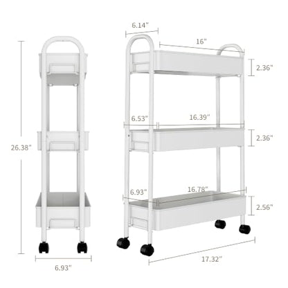 Slim Rolling Cart, Metal Frame Utility Rolling 3-Tier Narrow Storage Cart | Kitchen Storage Organizer, Mobile Shelving Unit for Bathroom Kitchen
