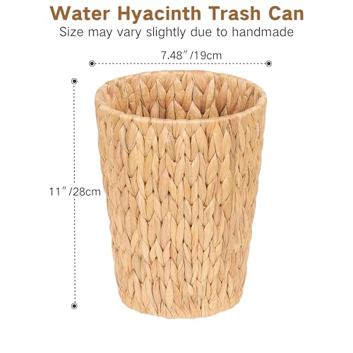 iEGrow 2 Pack Wicker Trash Can, Small Bathroom Trash Can, 2 Gallon Woven Natural Water Hyacinth Waste Basket for Bedroom, Boho Garbage Can for Decor Home Kitchen Living Room Office (Round)