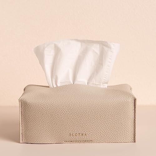OLETHA Aesthetic Rectangle Tissue Box Cover, Standard, Light Taupe | Faux leather tissue box holder fits Kleenex 110-160 ct flat boxes; desk decor for home, office, room; velcro base; easy swap
