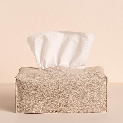 OLETHA Aesthetic Rectangle Tissue Box Cover, Standard, Light Taupe | Faux leather tissue box holder fits Kleenex 110-160 ct flat boxes; desk decor for home, office, room; velcro base; easy swap