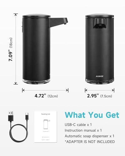 AIKE SensePro Automatic Soap Dispenser 12.8oz Spot Resist Matte Black | Type-C Charge with Months Long Standby Time, Adjustable 5 Levels Precise Dispense for Home Dish Soap and Hand Soap
