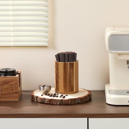 Acacia Wood Coffee Straw Holder Set with 100 Disposable Straws, Wooden Bar Accessories for Milk Cocktail Tea Drinks Stirrer Stir Sticks, Organizer for Station Countertop