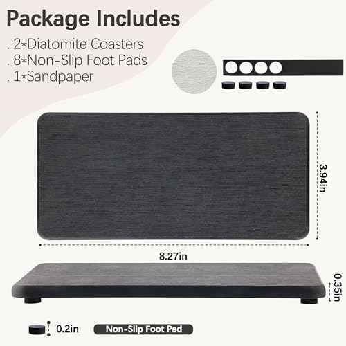 NiuYichee 2 Pcs Water Absorbing Stone Trays, Kitchen/Bathroom Sink Soap Dish, Diatomite Tray Used for Hand Soap & Cosmetic Bottles in The Modern Home, 4" W x 8.3" L, Dark Gray