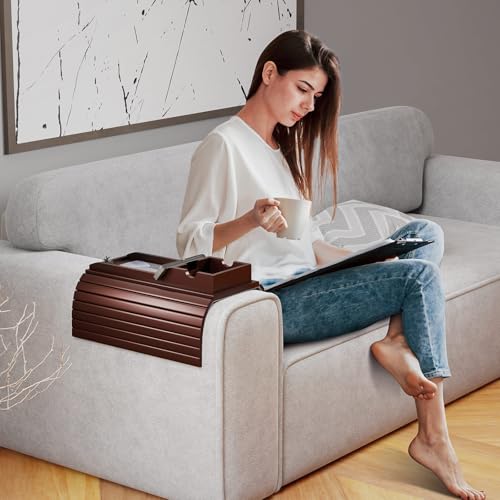 Bamboo Couch Armrest Table with Cup Holder Tray (Walnut) | 2 in 1 Anti-Slip Couch Caddy for Drinks Cellphone TV Remote Snacks