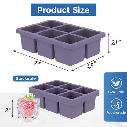 Large Silicone Ice Cube Trays with Lids, 2 Pack, Makes 2-Inch Cubes | Food-Grade Silicone, Steel-Reinforced Rims, Easy-Release, Stackable for Whiskey, Cocktails, Juice, Soup & Meal Prep