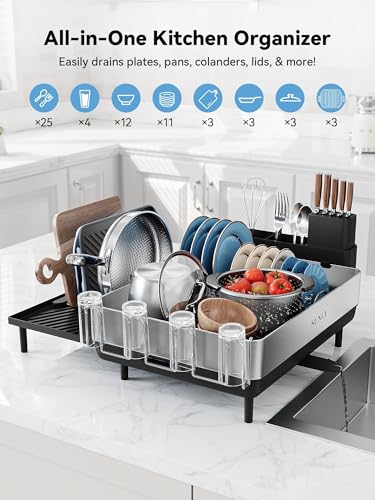Large Dish Drying Rack, Expandable Dish Racks for Kitchen Counter, Space Saving 304 Stainless Steel Drying Rack Kitchen, Extra Large Drainer with Multifunctional Flip Up Pegs, Black