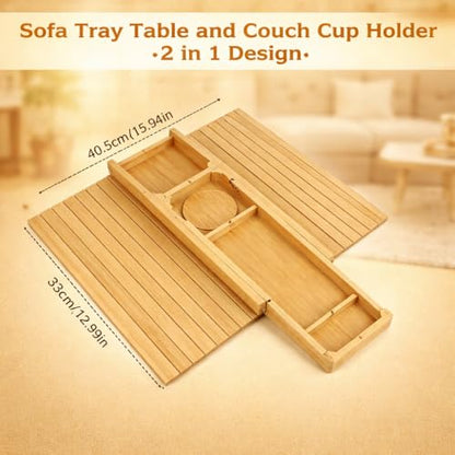 Bamboo Sofa Armrest Tray with Detachable Cup Holder, Foldable Couch Arm Table, Non-Slip Organizer for Drinks, Remote, Phone & Snacks, Space Saving Armrest Caddy for Sofa