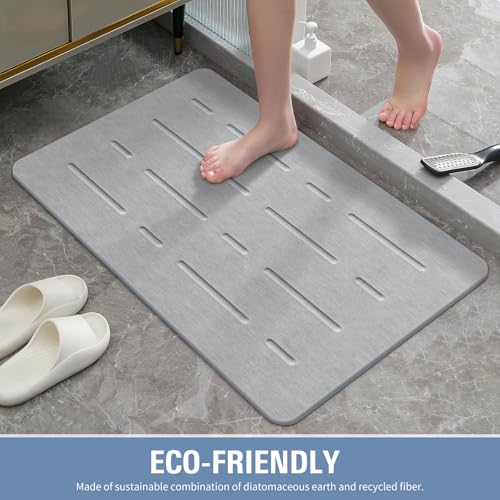 Large Stone Bath Mat, 32"x 20" Diatomaceous Earth Bath Mat for Bathroom Quick Drying Absorbing, Long Non-Slip Diatomite Hard Stone Shower Mat Instant Dry(Light Grey)
