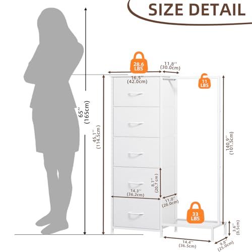 Somdot Dresser with Hanging Rack, 5 Drawers Small Closet for Bedroom | Reversible Clothes Rack, Kids Chest of Drawers, Tall Storage Tower, White