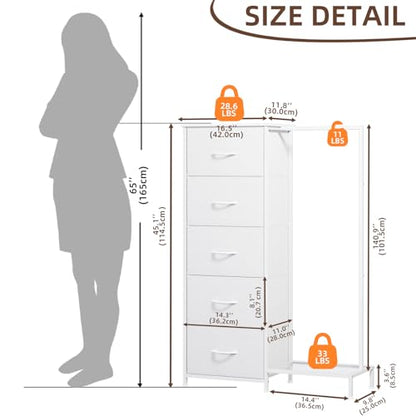 Somdot Dresser with Hanging Rack, 5 Drawers Small Closet for Bedroom | Reversible Clothes Rack, Kids Chest of Drawers, Tall Storage Tower, White
