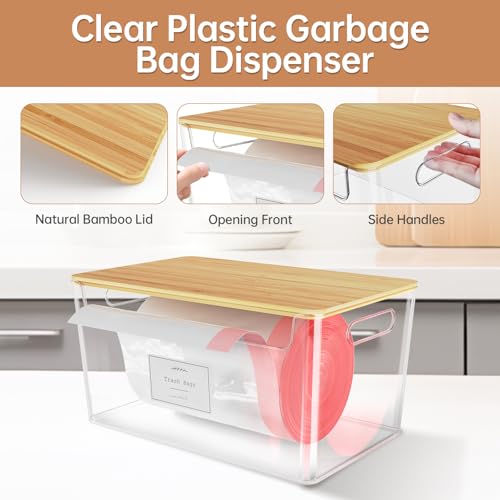 2 Pack Stackable Plastic Trash Bag Holder with Bamboo Lid Under Sink | Clear Container, Stackable Design,Side Handles, Safety Locks,Garbage Bag Roll Holder, Kitchen Cabinet, Laundry Organization