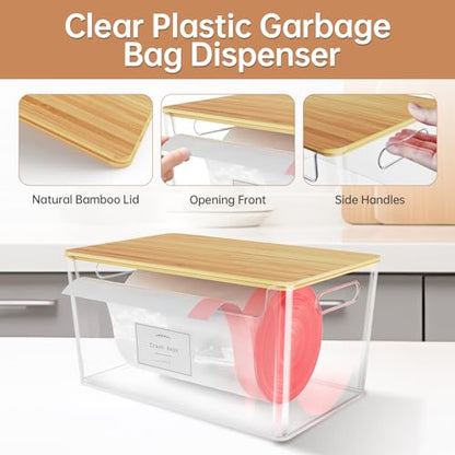 2 Pack Stackable Plastic Trash Bag Holder with Bamboo Lid Under Sink | Clear Container, Stackable Design,Side Handles, Safety Locks,Garbage Bag Roll Holder, Kitchen Cabinet, Laundry Organization