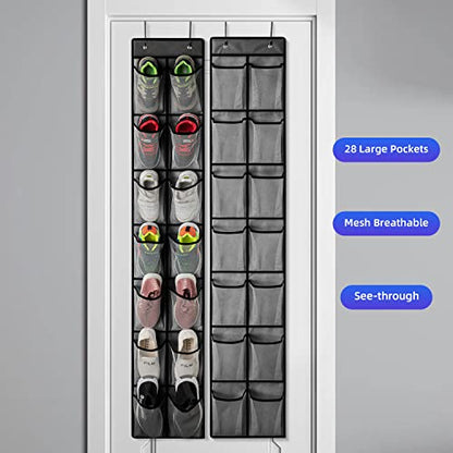KEEPJOY 2 Pack Grey14 Pockets Over the Door Shoe Organizer, Hanging Shoe Organizer with 4 Hooks Door Shoe Holder with Mesh Deep Pockets Closet Door Shoe Storage Bag (Grey-2Pack)