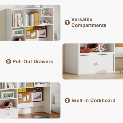 Desk Hutch Dorm with Cork Board, Shelves and Drawer | Desktop Bookshelf for College Dorm, Student Bedroom, White