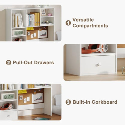 Desk Hutch Dorm with Cork Board, Shelves and Drawer | Desktop Bookshelf for College Dorm, Student Bedroom, White