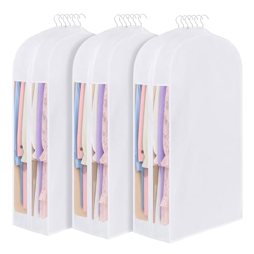 43" Premium Cotton Garment Bag for Hanging Clothes, Breathable Suit Bags for Closet Storage with Extre Large 10" Gusseted & Clear Window, Dust Cover with Zipper for Suits, Jacket, 3 Pack