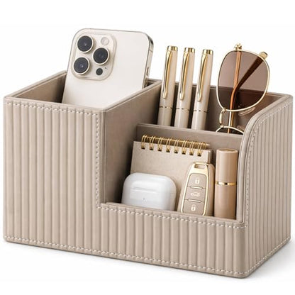 Desk Pen Organizer Office Supplies Caddy Pu Leather Multi-function Storage Box Pen/Pencil,Cell phone, Business Name Cards Remote Control Holder (Mocha Beige)
