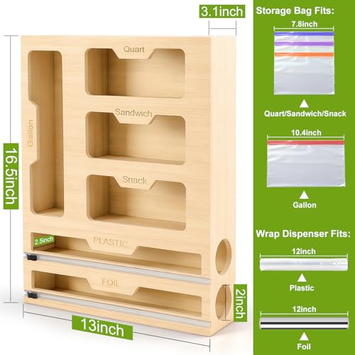 6-in-1 Magnetic Food Bag Storage Organizer for Drawer and Refrigerator, Bamboo Bag Organizer and Plastic Wrap Dispenser with Cutter, Fits Gallon, Quart, Sandwich, Snack Bags