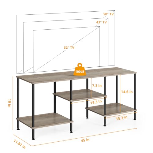 BTY TV Stand for Living Room Modern TV Console with Storage 50 Inch Small Wood Entertainment Stand with Open Storage Shelves for Bedroom, Small Space, Grey
