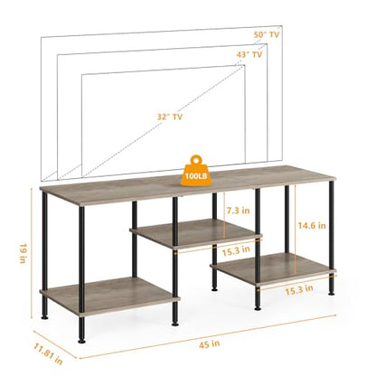 BTY TV Stand for Living Room Modern TV Console with Storage 50 Inch Small Wood Entertainment Stand with Open Storage Shelves for Bedroom, Small Space, Grey