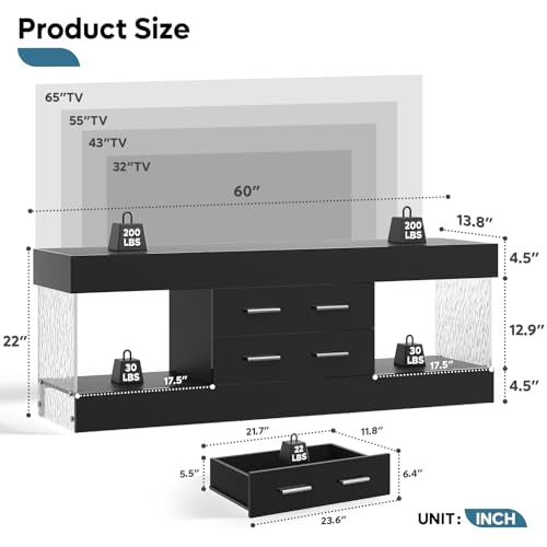 Bestier TV Stand for 65 Inch TV, Modern Black Entertainment Center | High Gloss Black Finish, Stone Pattern Panels, LED Lights, 2 Large Storage Drawer, Living Room Media Console